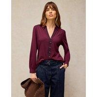 White Stuff Cotton Rich Embroidered Collared Button Detail Shirt Plum