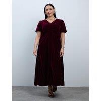 Live Unlimited London Velvet V Neck Puff Sleeve Maxi Waisted Dress Plum