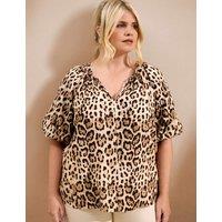 Live Unlimited London Animal Print Puff Sleeve Blouse Brown Mix
