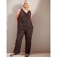 Live Unlimited London Checked Elasticated Waist Straight Leg Trousers Brown Mix