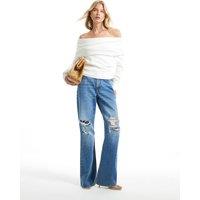 River Island Gathered Shoulder Bardot Jumper with Wool Cream
