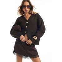 River Island Ribbed V Neck Relaxed Cardigan Dark Brown