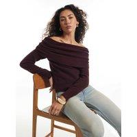 River Island Gathered Shoulder Bardot Jumper with Wool Burgundy