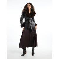 River Island Mid Length Belted Faux Leather Shearling Aviator Coat Brown