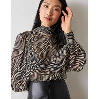 Whistles Sheer Geometric Viscose Cuffed Top Black Mix