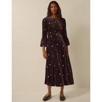 Monsoon Velvet Embroidered Crew Neck Midi Dress Chocolate