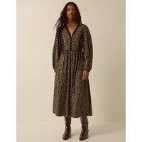Monsoon Pure Cotton Printed V Neck Midi Smock Dress Navy Mix