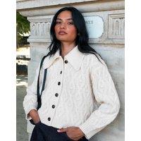 RO&ZO Pure Wool Cable Knit Collared Cropped Cardigan Cream