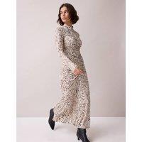 RO&ZO Animal Print Roll Neck Ruched Midi Column Dress Natural Mix