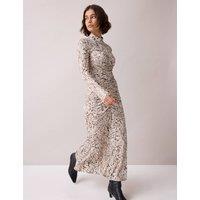 RO&ZO Animal Print Roll Neck Ruched Midi Column Dress Natural Mix