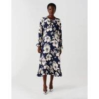 Ghost Crepe Floral Keyhole Midi Tea Dress Navy Mix