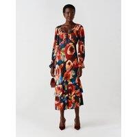 Ghost Crepe Floral V Neck Frill Midi Tiered Dress Pink Mix