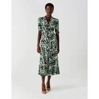 Ghost Crepe Floral V Neck Puff Sleeve Tea Dress Green Mix