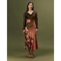 Ghost Satin Floral Cowl Neck Midi Waisted Dress Pink Mix