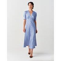 Ghost Satin Crepe Polka Dot V Neck Maxi Waisted Dress Blue Mix