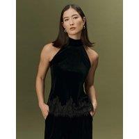 Ghost Velvet High Neck Tie Detail Top Black