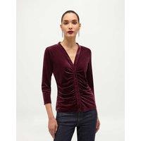 HOBBS Velvet Ruched V-Neck 3/4 Sleeve Blouse Purple
