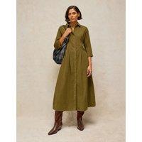 White Stuff Cord Pleated Notch Neck Midi Dress Khaki