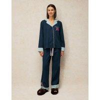 White Stuff Cotton Rich Embroidered Pyjama Bottoms Navy Mix