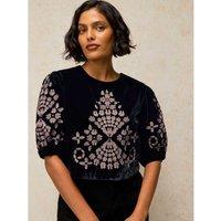 White Stuff Kai Velvet Embroidered Top Black
