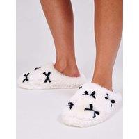 Loungeable Monochrome Faux Fur Bow Mule Slippers White/Black
