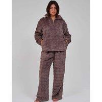 Loungeable Fleece Quarter Zip Lounge Set Brown