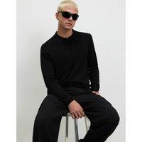 River Island Slim Fit Zip Up Long Sleeve Polo Shirt Black