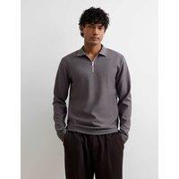 River Island Textured Zip Up Long Sleeve Polo Shirt Dark Grey