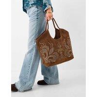 ACCESSORIZE Suede Studded Embroidered Tote Bag Tan