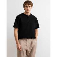 River Island Cotton Blend Henley Short Sleeve T-Shirt Black