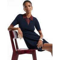 River Island Colour Block Polo Collar Mini Skater Dress Navy Mix