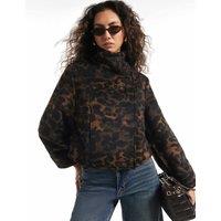 River Island Leopard Print Funnel Neck Oversized Jacket Brown Mix