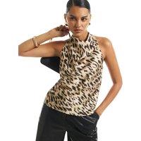 River Island Satin Animal Print Halter Top Brown Mix