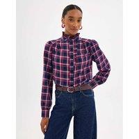 HUSH Checked Ruffle Neck Concealed Placket Shirt Navy Mix