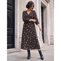 Roman Floral Asymmetric Neck Knee Length Dress Black Mix