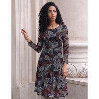Roman Leaf Print Lace Stretch Knee Length Dress Red Mix