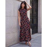 Roman Poppy Print High Neck Knee Length Dress Black Mix