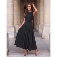 Roman Belted Asymmetric Neck Knee Length Dress Black Mix