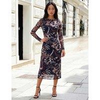 Roman Petite Abstract Mesh Midi Dress Brown Mix