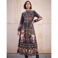 Roman Bordered Floral Knee Length Dress Black Mix