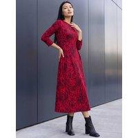 Roman Abstract Ruched Midi Dress Red Mix