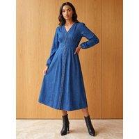 Roman Pure Cotton Button Through Midi Dress Denim Mix