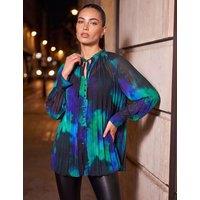 Roman Watercolour Pleated Tie Neck Blouse Blue Mix