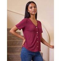 Roman Petite V Neck Button Through Blouse with Modal Burgundy Mix