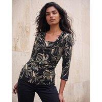 Roman Leaf Print Gathered Cowl Neck Top Khaki
