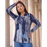 Roman Abstract Print Collared Button Top Blue Mix