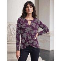 Roman Leaf Print Keyhole Neck Top Dark Purple