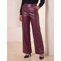 Roman Leather Look Pintuck Pull On Wide Leg Trousers Burgundy Mix