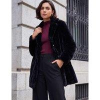 Roman Faux Fur Revere Collar Longline Coat Black Mix