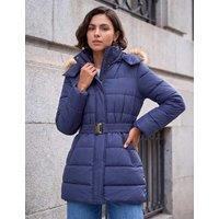 Roman Padded Belted Faux Fur Trim Coat Navy Mix